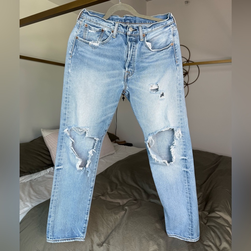 Levis 501 CT Blue Jeans Unisex 29x30 Distressed Tapered Thrashed 100% Cotton 90s